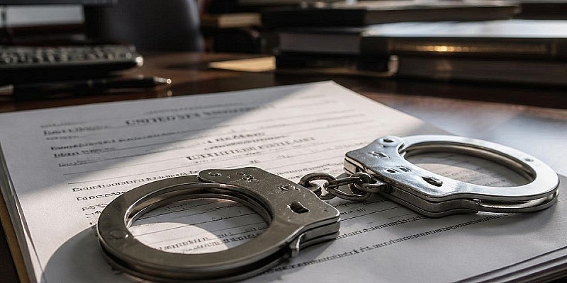 Police handcuffs on legal documents